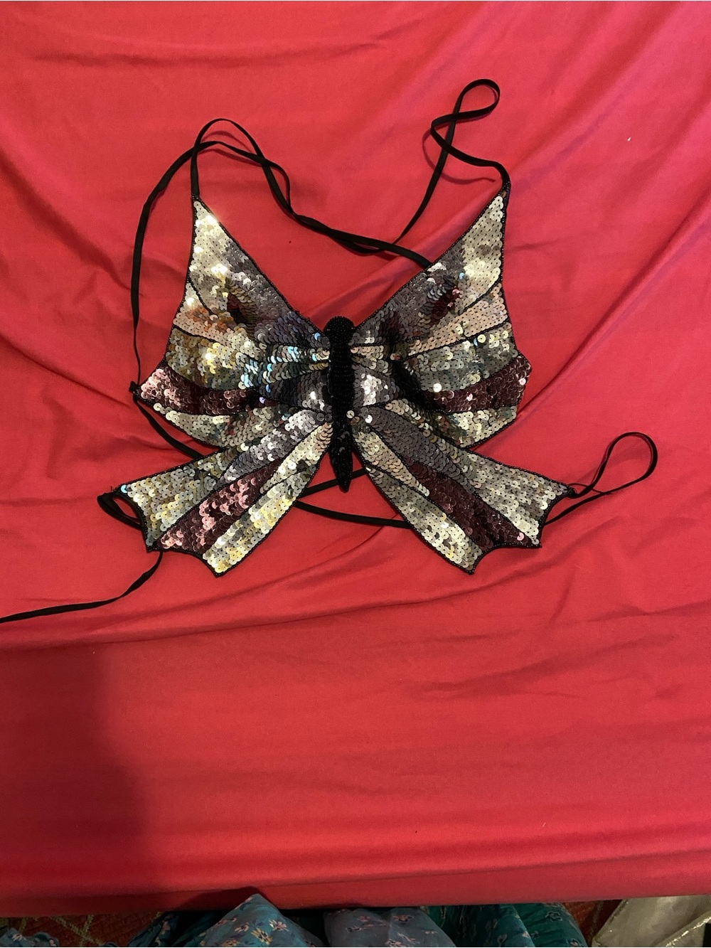 Sequin Butterfly Bralette Top - Black with Silver & Burgundy Accents